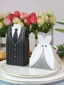 20pcs Stripe Patterned Bride & Bridegroom Dress Shaped Candy Boxes For Wedding Party Favor - Black and White - View 2