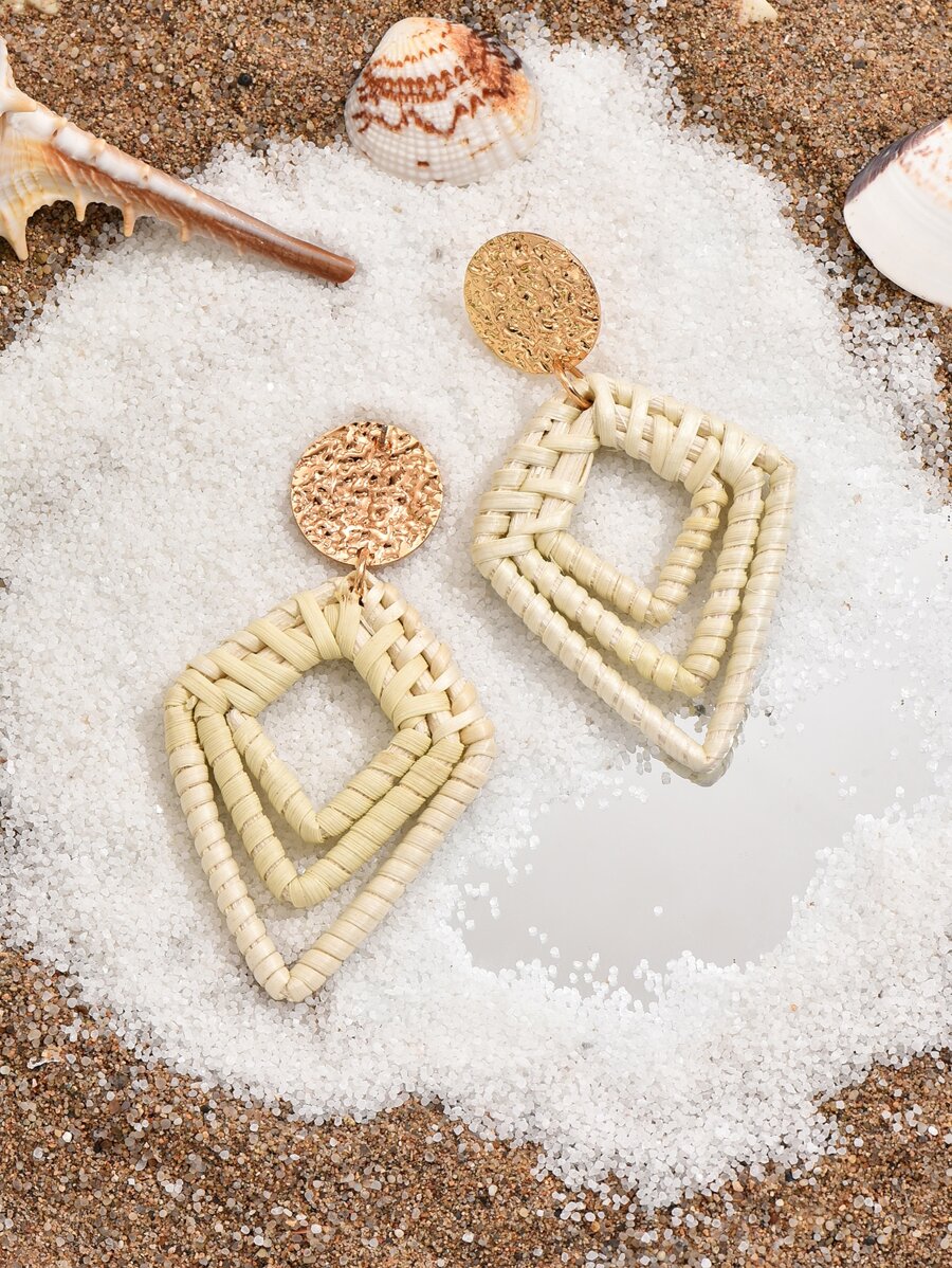 1對菱形編織竹子耳環 - 米色 - 查看 1