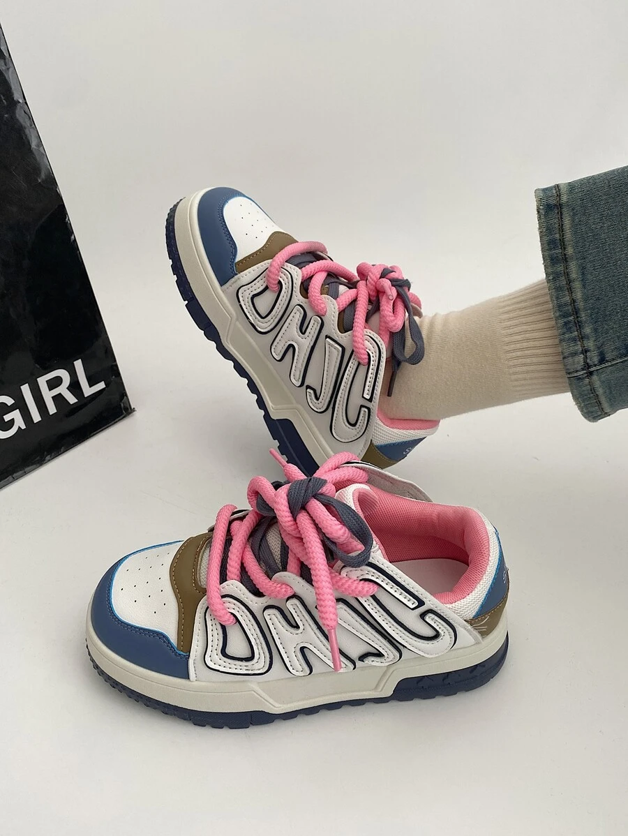 2024新款夏季女鞋，輕便厚底運動鞋，香港時尚風格，白色 - 藍白色 - 查看 1