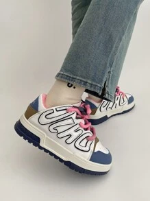 2024新款夏季女鞋，輕便厚底運動鞋，香港時尚風格，白色 - 藍白色 - 查看 4