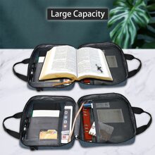 基督教圣经封面盒，带手柄和可拆卸肩带的圣经手提包，多功能时尚大号拉链圣经包，拉链笔记本手提包，用于旅行收纳袋、化妆包、化妆包、度假收纳袋、大容量化妆品收纳盒化妆盒，适用于口红、刷子、护肤品、手机、硬币、小物品，适用于家庭、礼物、度假和节日万圣节圣诞节多功能用途 - 藏蓝色 - 查看 5