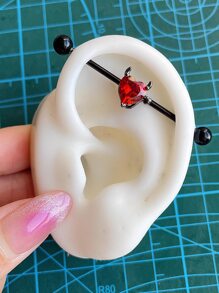 1入組紅色心方晶鋯石工業穿孔杠鈴不銹鋼身體穿刺珠寶 - 黑色 - 查看 2