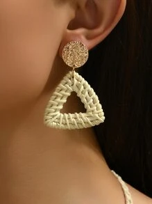1對三角形形狀編織竹子耳環 - 米色 - 查看 2