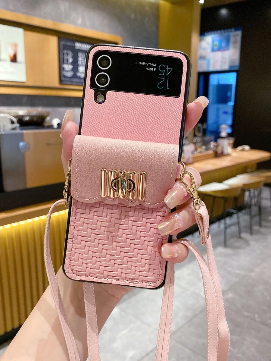 Card Bag Decor Phone Case With Crossbody Lanyard - Pink - View 1