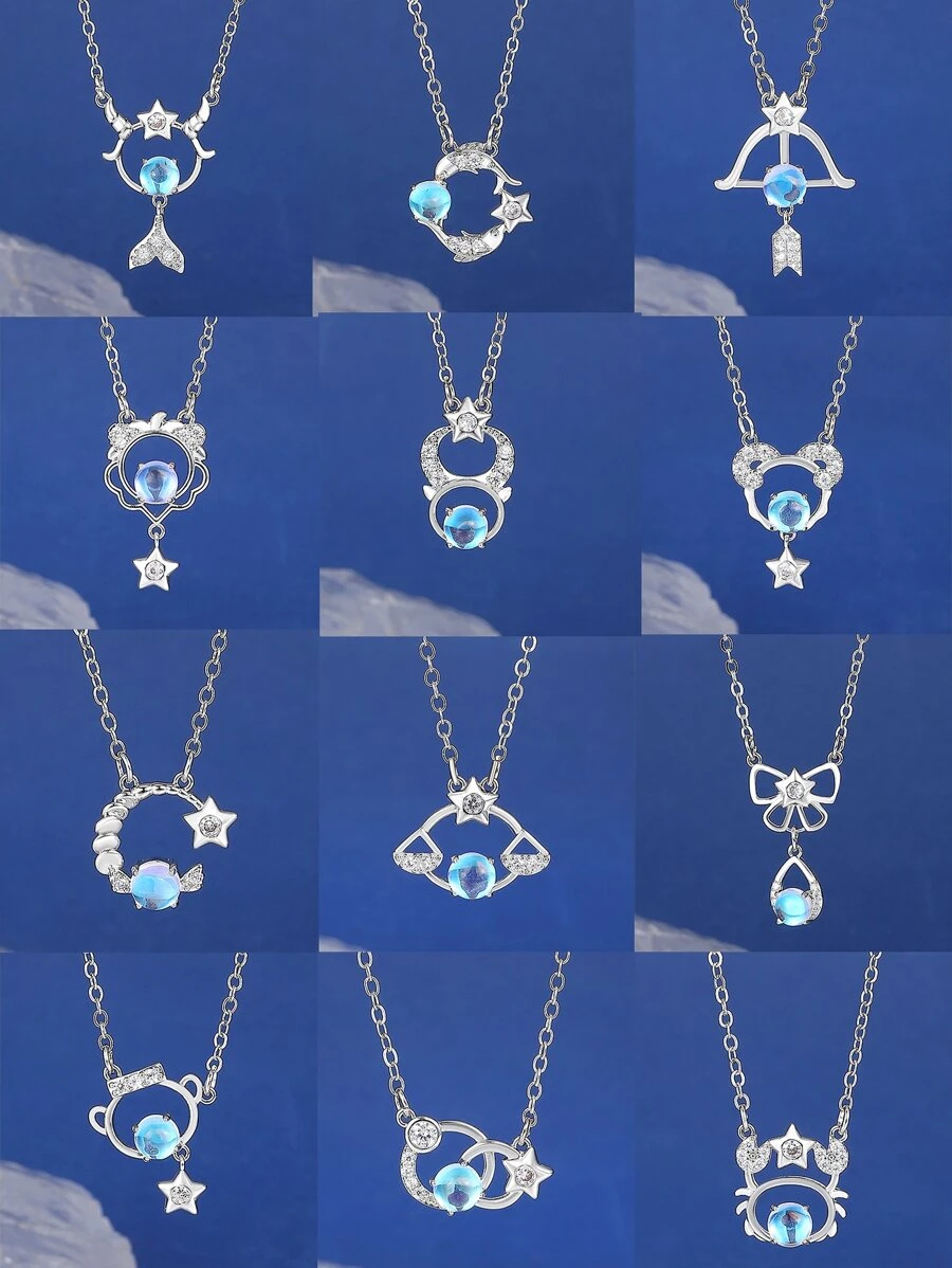 1pc New Fashion Personalized Twelve Zodiac Sign Copper & Rhinestone & Moonstone Pendant Necklace For Women's Birthday & Festival Gift