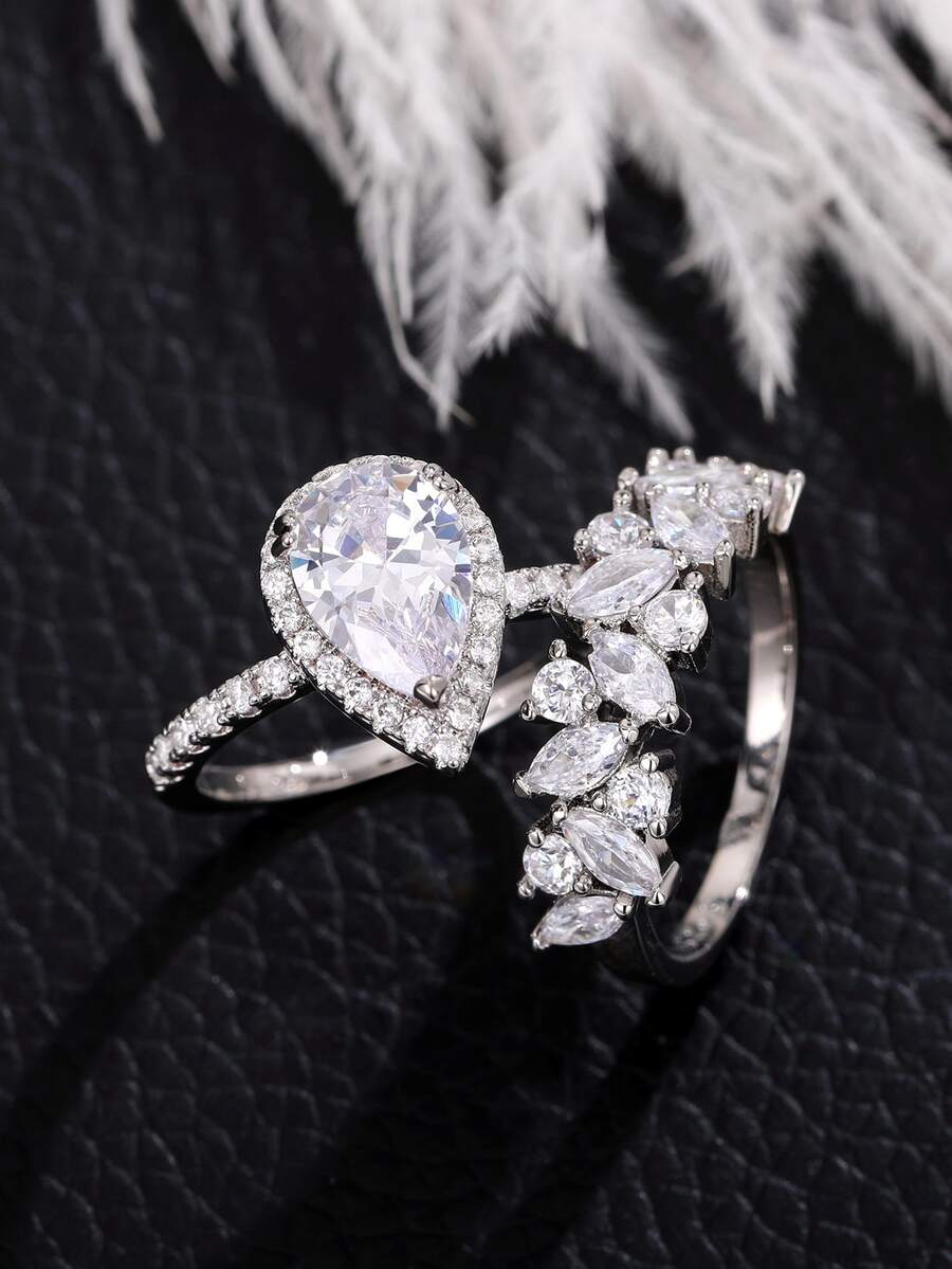 2件套時尚方晶鋯石戒指套裝適合女士適合婚禮派對首飾類情人節禮品