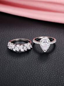 2件套時尚方晶鋯石戒指套裝適合女士適合婚禮派對首飾類情人節禮品 - 銀色 - 查看 4