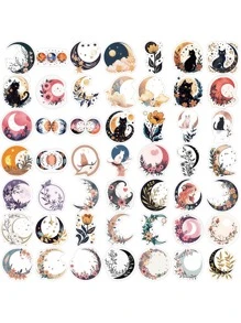 50pcs Moon, Flower, Cat Doodle Style Stickers For Guitar, Notebook, Luggage Diy, Waterproof - Multicolor - View 2