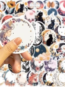 50pcs Moon, Flower, Cat Doodle Style Stickers For Guitar, Notebook, Luggage Diy, Waterproof - Multicolor - View 3