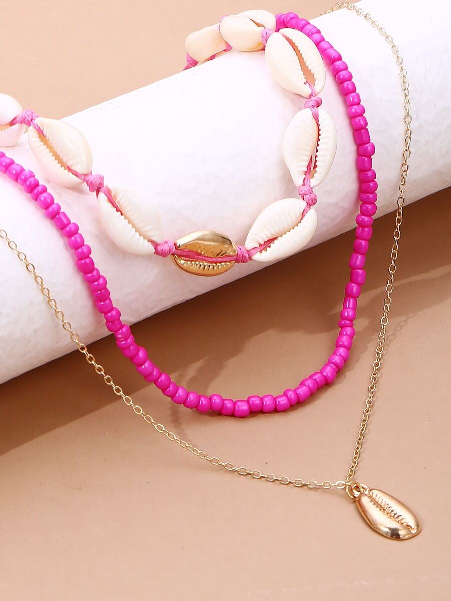 3pcs/set Bohemian Vintage Style Summer Shell & Seed Bead Necklace Set For Women's Beach Vacation - Multicolor - View 1
