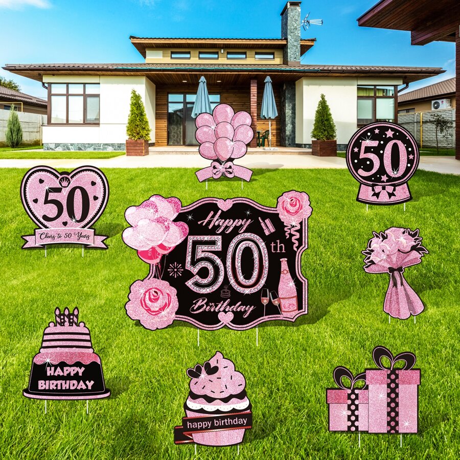 50th Birthday Yard Sign Large Black Gold 50th Birthday Decorations 50 Happy Birthday Yard Signs With Stakes Outdoor Lawn Sign For Birthday Supplies Of 50 Year-Old - Pink - View 1