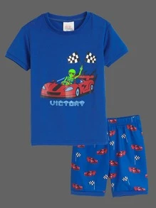 Boys Skeleton & Car Print Snug Fit PJ Set - Blue - View 1