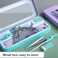 7件套幾何數學繪圖工具套裝，多功能圓規量角器尺子橡皮擦 - 米色 - 查看 5