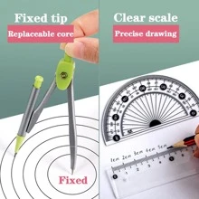 7件套幾何數學繪圖工具套裝，多功能圓規量角器尺子橡皮擦 - 米色 - 查看 7
