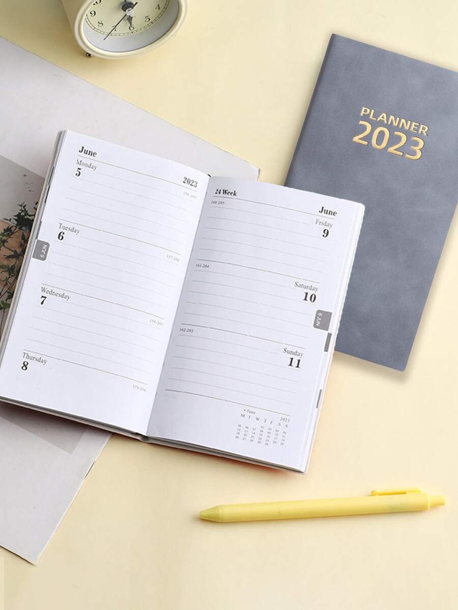 1入組2023年英文版每日計劃筆記本，帶365天時間管理和64頁，皮套每日計劃效率手冊 - 灰色 - 查看 1