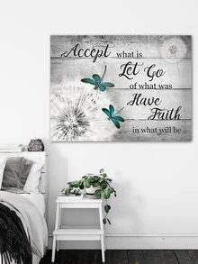 1入組蒲公英牆壁藝術，青色蜻蜓圖片帆布印刷，勵志名言壁畫，客廳家居裝飾，黑白畫