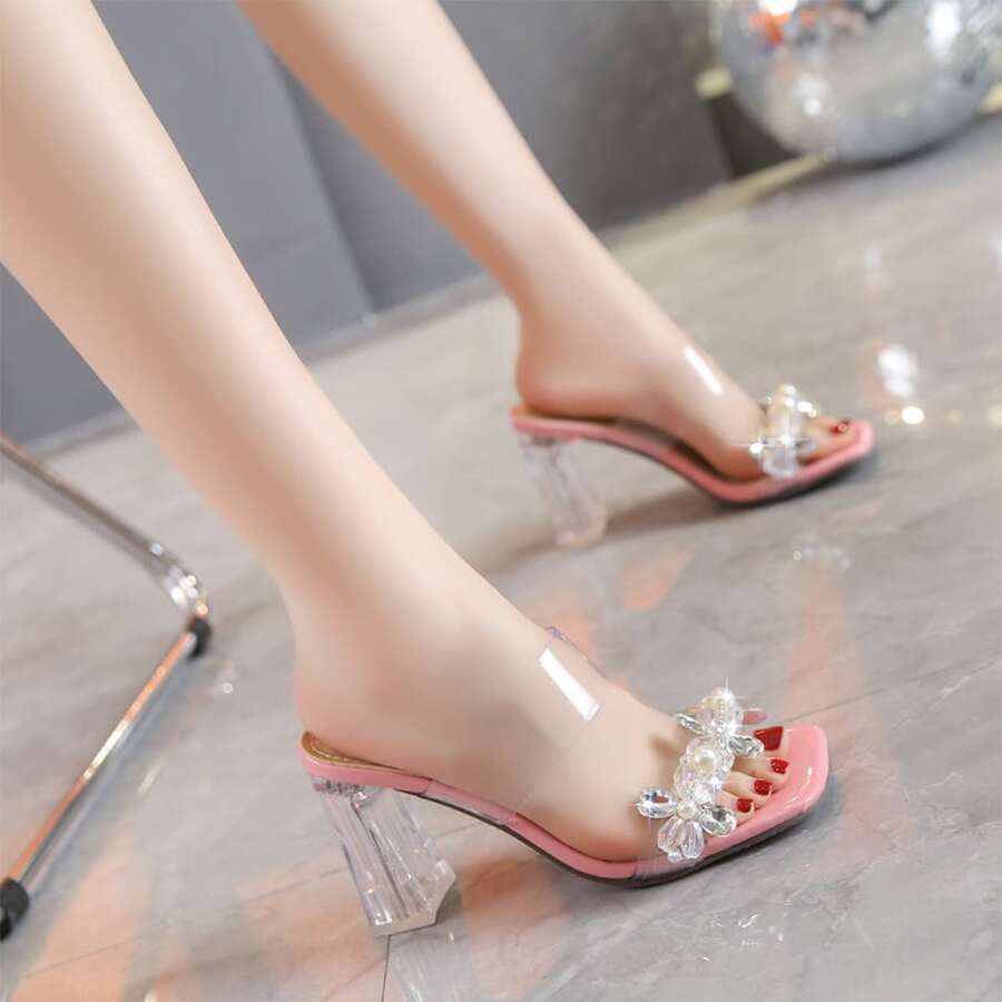 Women's Transparent Rhinestone Slippers Crystal Mid-heel Fashion Slip-on Summer Sandals With Open Toes - Pink - View 1