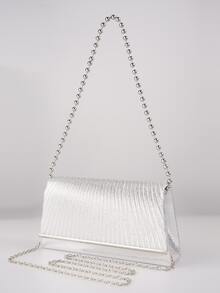 女士打褶裝手拿包，豪華晚宴手拿包和手提包，長鏈小型婚禮包銀色連衣裙肩袋 - 銀色 - 查看 3