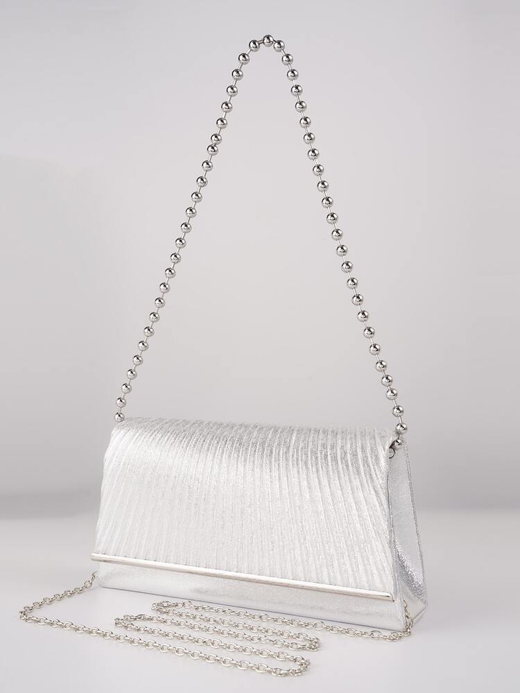 女士打褶裝手拿包，豪華晚宴手拿包和手提包，長鏈小型婚禮包銀色連衣裙肩袋 - 銀色 - 查看 3