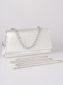 女士打褶裝手拿包，豪華晚宴手拿包和手提包，長鏈小型婚禮包銀色連衣裙肩袋 - 銀色 - 查看 1