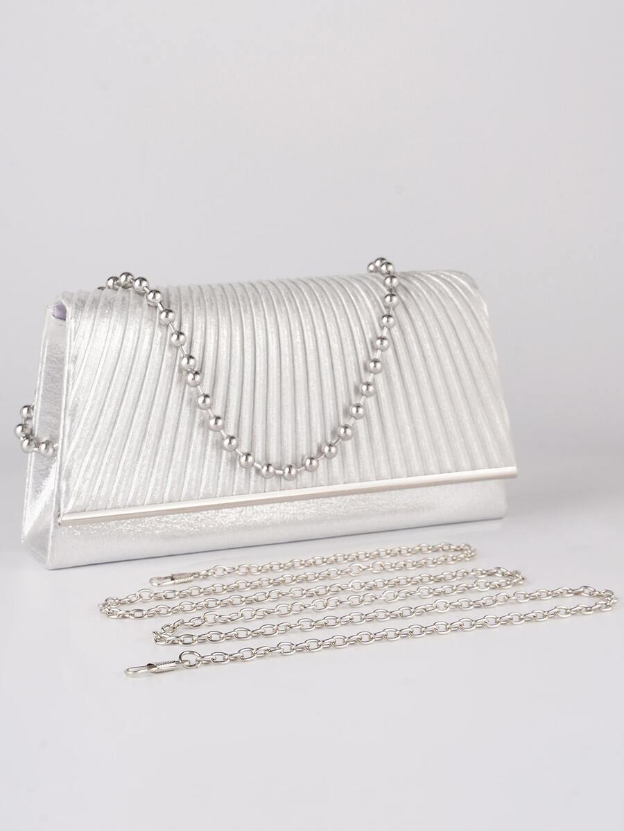 女士打褶裝手拿包，豪華晚宴手拿包和手提包，長鏈小型婚禮包銀色連衣裙肩袋 - 銀色 - 查看 1