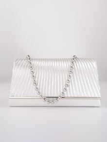女士打褶裝手拿包，豪華晚宴手拿包和手提包，長鏈小型婚禮包銀色連衣裙肩袋 - 銀色 - 查看 2