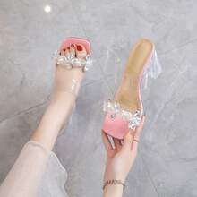 Women's Transparent Rhinestone Slippers Crystal Mid-heel Fashion Slip-on Summer Sandals With Open Toes - Pink - View 5