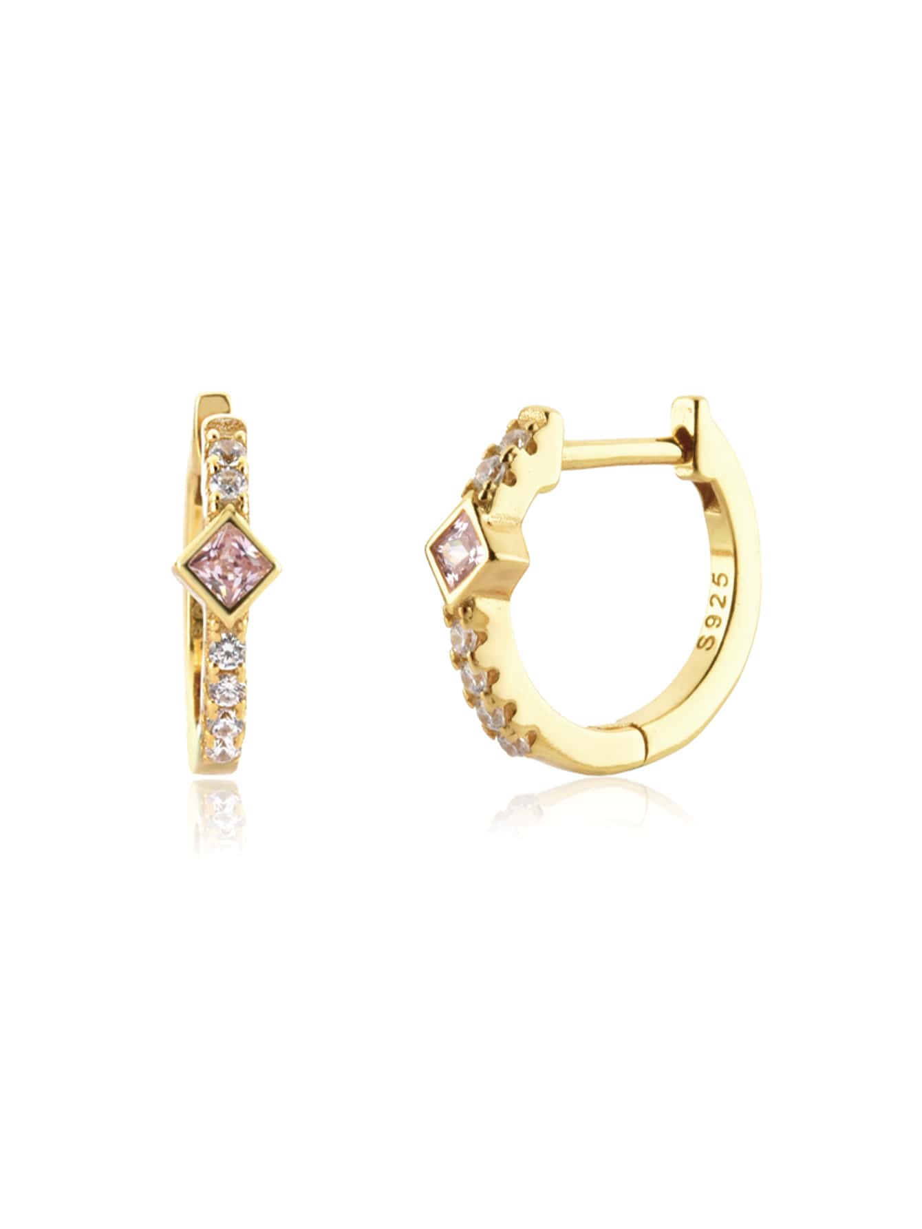 1對魅力四射純銀方晶鋯石裝飾圓耳環適合女士適用於週年禮物 - 粉色 - 查看 1