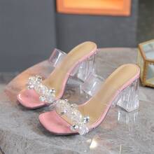 Women's Transparent Rhinestone Slippers Crystal Mid-heel Fashion Slip-on Summer Sandals With Open Toes - Pink - View 6