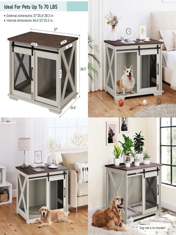 37" Wooden Dog Crate Furniture with Sliding Barn Door Design