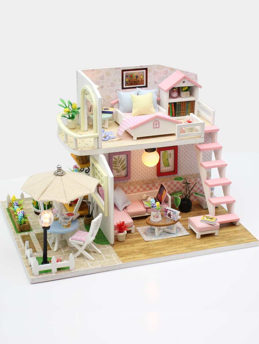 粉色閣樓DIY娃娃屋帶家具,樂趣手工3D七巧板拼圖玩具木微型成套工具,家庭裝飾工藝 - 彩色 - 查看 1