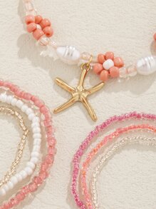 7入組熱帶海洋波西米亞風格玻璃珠和合金海星和貝殼吊墜手鍊套裝 - 彩色 - 查看 4