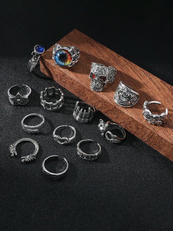 14 Peças/Conjunto Geométrico Desenho De Caveira Estilo Retrô Homens Anel Com Strass & Gatos Olho Pedra Embutido