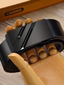 1條時尚男士純色扣頭PU皮帶（不含禮盒），適用於工作 - 黑色 - 查看 2