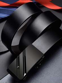 1條時尚男士純色扣頭PU皮帶（不含禮盒），適用於工作 - 黑色 - 查看 3