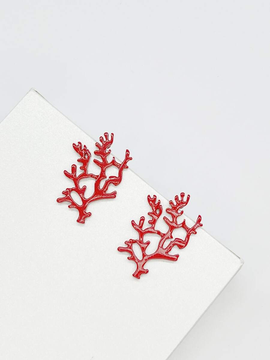 1pair Vintage & Fashionable & Chic & Versatile Coral Stud Earrings For Women, Multiple Colors - Red - View 1