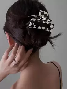 黑白棋盤格紋方形髮夾，優雅的蝴蝶結 - 黑與白 - 查看 5