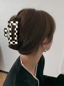 黑白棋盤格紋方形髮夾，優雅的蝴蝶結 - 黑與白 - 查看 4