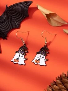 1對的樂趣和可愛萬聖節南瓜鬼形耳環適合女士 - 黑色 - 查看 2