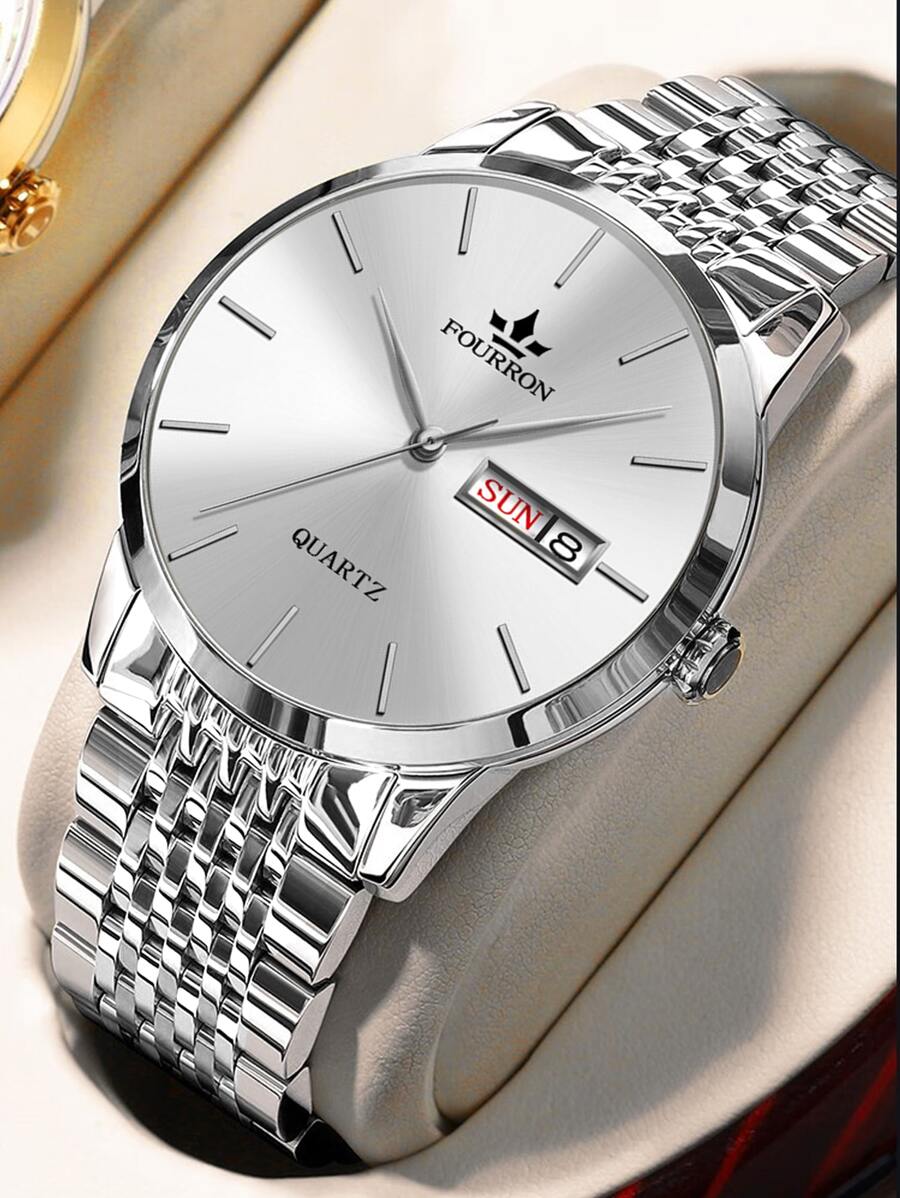 極簡男士石英表,鋼帶手錶1入組,時尚 - 白色 - 查看 1