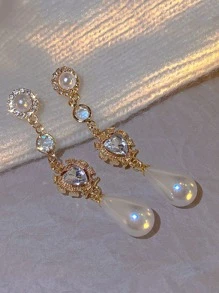 1 Par De Brincos Longos Em Forma De Coração Com Franjas, Falsa Pérola E Strass, Estilo Barroco