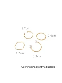 1 Set Von Einfachen Ringen Mit Kunstperlen Und Verdrehtem Sowie Wellen Design - Goldgelb - Übersicht 7