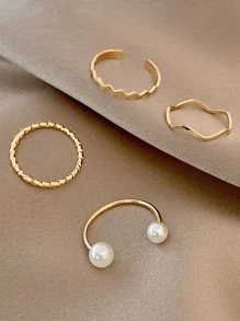 1 Set Von Einfachen Ringen Mit Kunstperlen Und Verdrehtem Sowie Wellen Design - Goldgelb - Übersicht 2