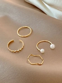 1 Set Von Einfachen Ringen Mit Kunstperlen Und Verdrehtem Sowie Wellen Design - Goldgelb - Übersicht 6