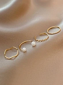 1 Set Von Einfachen Ringen Mit Kunstperlen Und Verdrehtem Sowie Wellen Design - Goldgelb - Übersicht 4