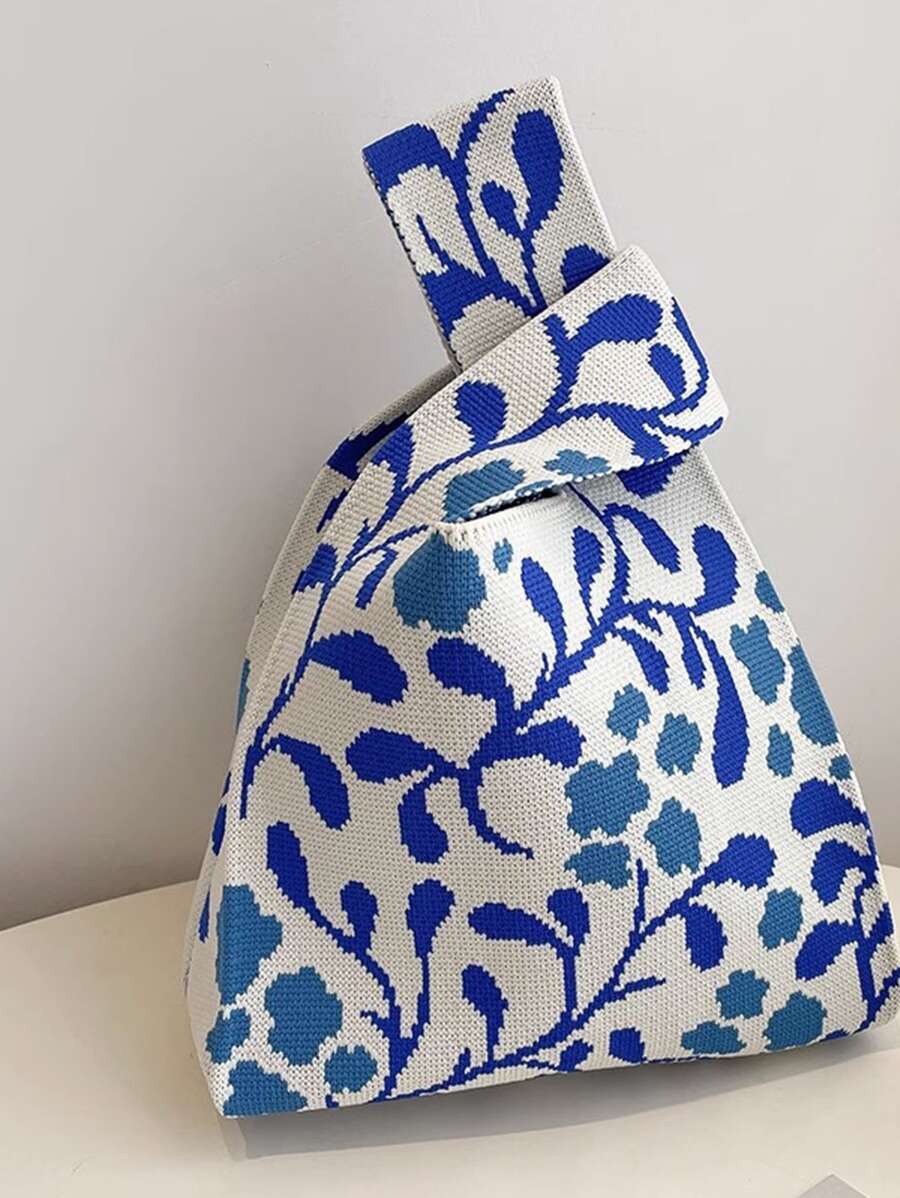 小型輕便可摺疊藍色樹脂中空針織手柄袋手腕包，採用色塊設計，適合度假、攝影、學生女孩、母親節禮物、媽媽禮物、母親的必需品、外出用媽媽袋