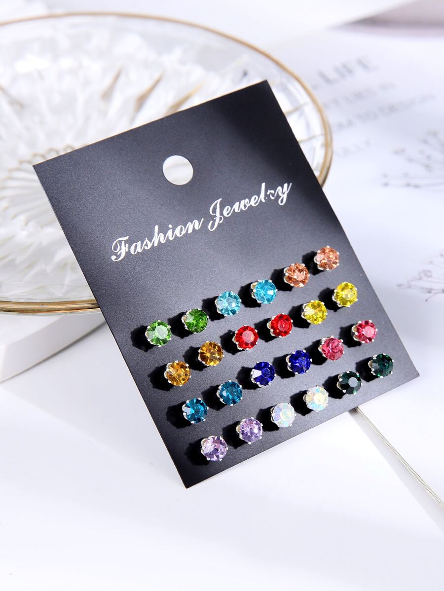 12對/套精美方晶鋯石裝飾圓形耳釘適合女士適用於禮品 - 彩色 - 查看 1