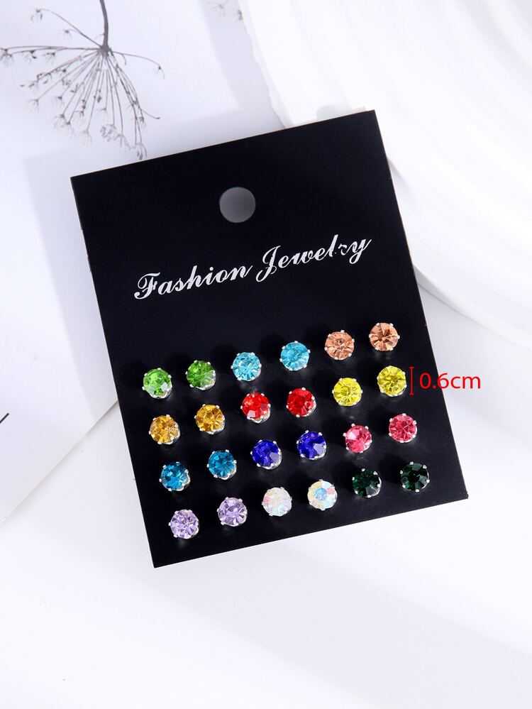 12pairs/set Exquisite Cubic Zirconia Decor Round Stud Earrings For Women For Gift