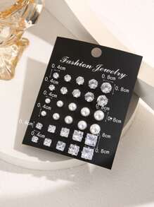 15pairs/Set Exquisite Cubic Zirconia & Faux Pearl Decor Square & Round Stud Earrings For Women For Gift - Multicolor - View 4