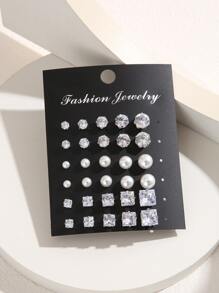 15pairs/Set Exquisite Cubic Zirconia & Faux Pearl Decor Square & Round Stud Earrings For Women For Gift - Multicolor - View 2
